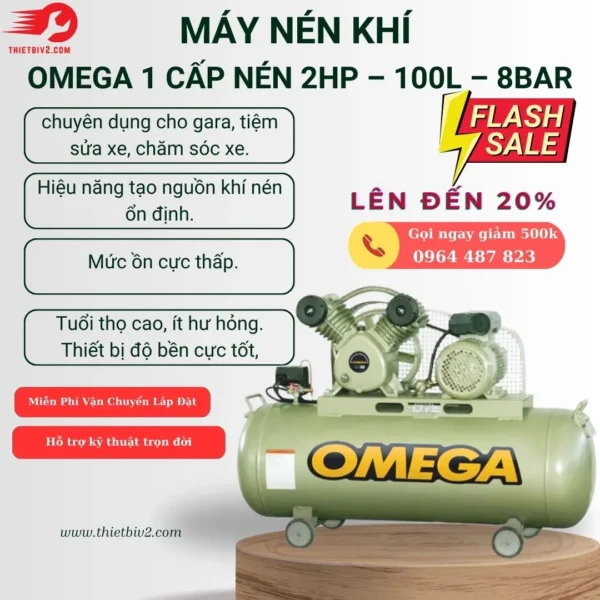 Máy Nén Khí OMEGA 1 Cấp Nén 2HP 100L 8Bar