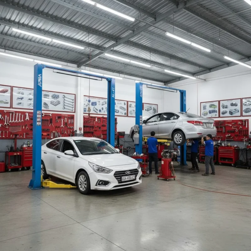 Cầu nâng 2 trụ đang nâng xe ô tô trong xưởng sửa chữa chuyên nghiệp