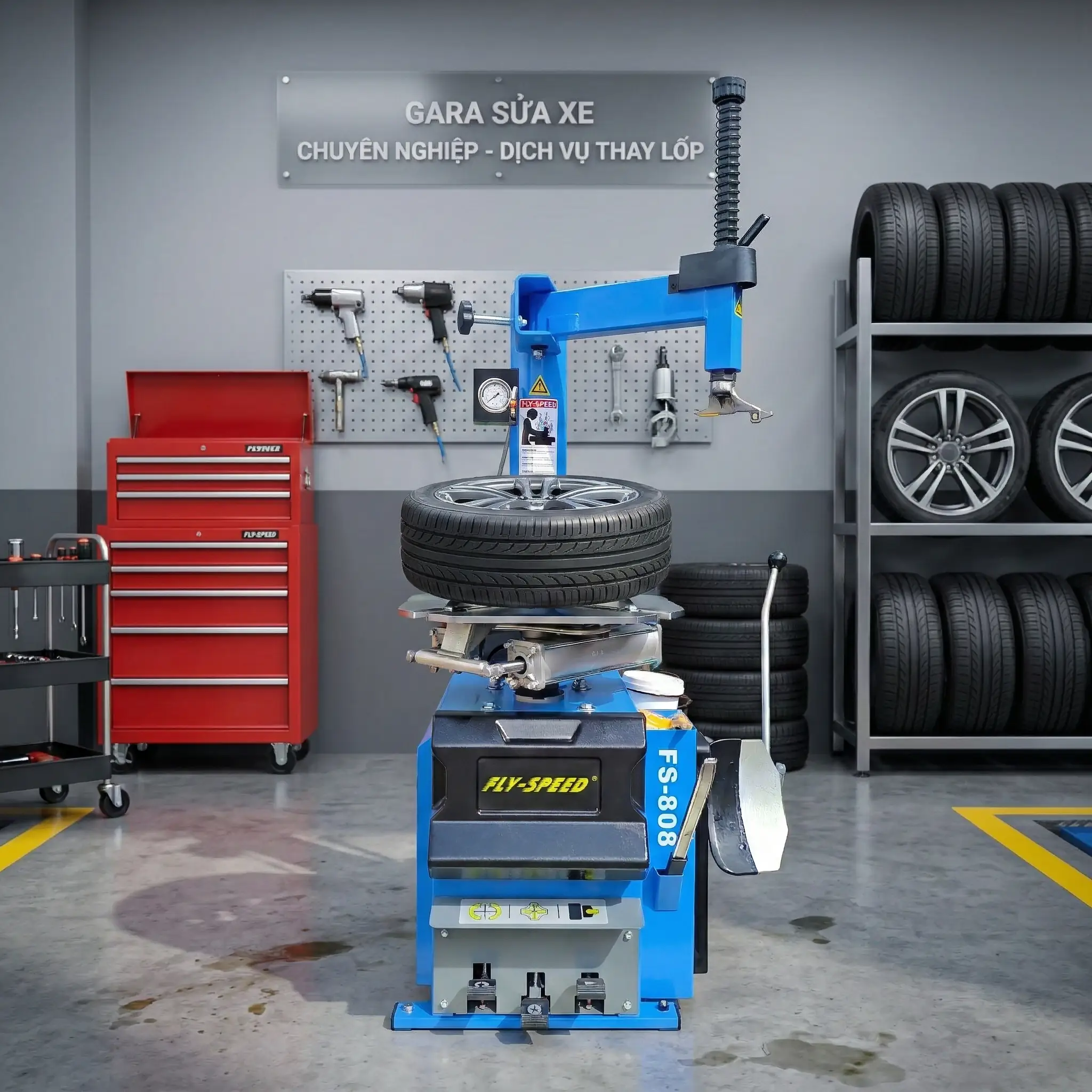 Máy tháo vỏ lốp ô tô FS-808 lắp đặt thực tế tại gara sửa chữa ô tô